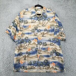 Pierre Cardin Shirt Mens XL Tan Blue Island Print Summer Short Sleeve Tropical